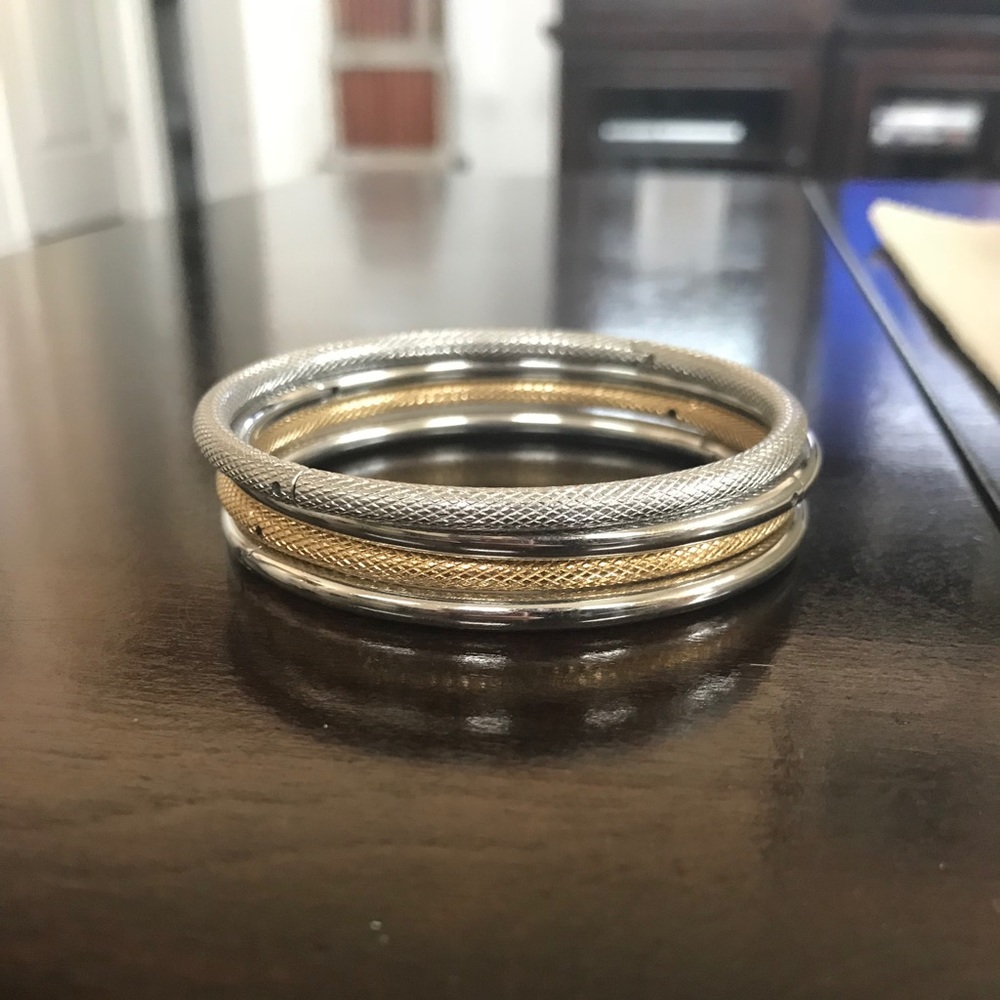 Silver and Gold Plated Steel Bangles. Set of 4.